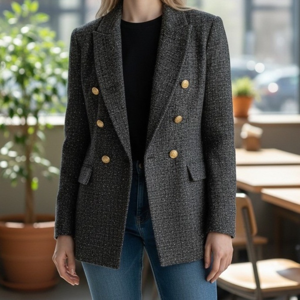 Zara Womens Blazer Tweed Textured Double Breasted Gold Buttons XS Dark Gray